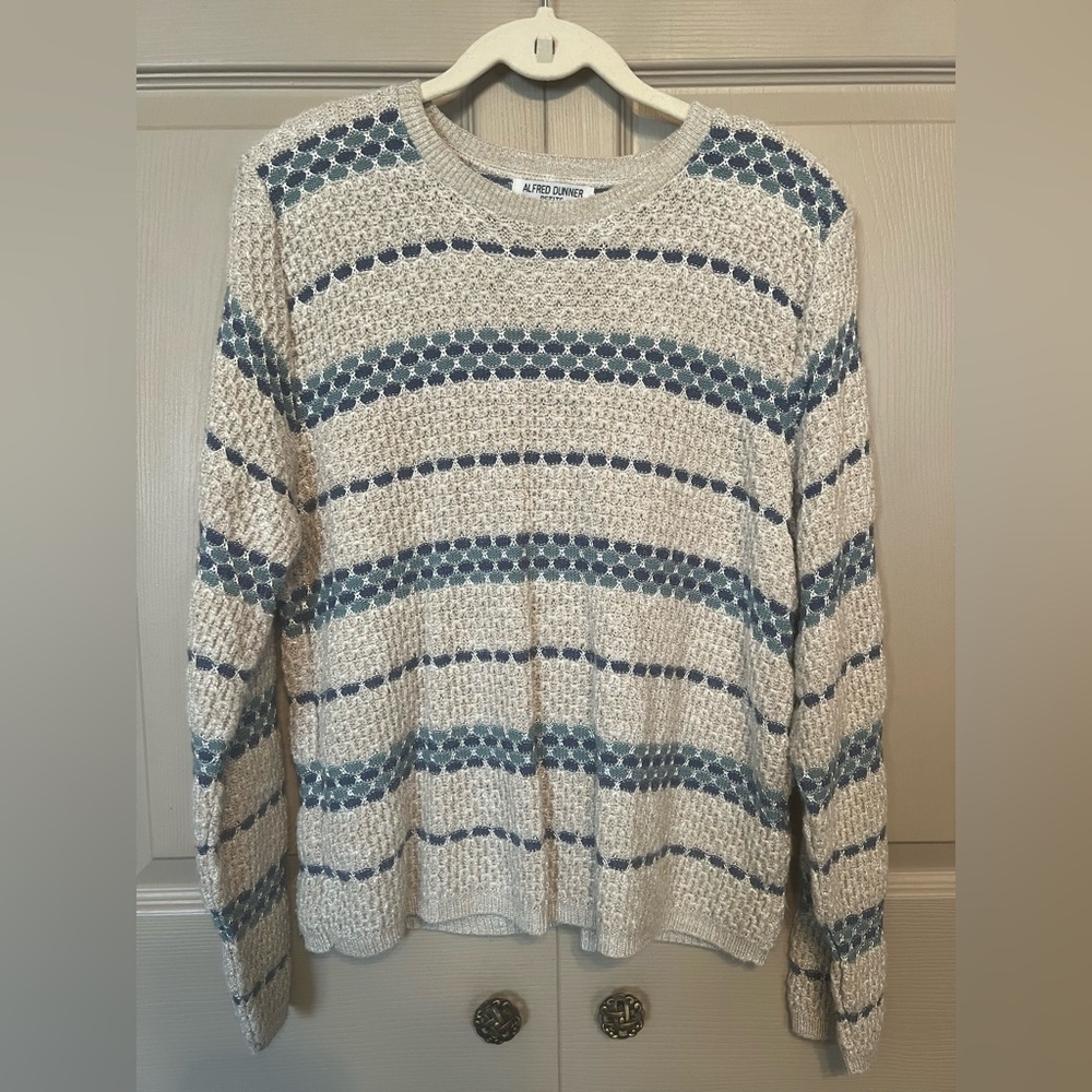 Alfred Dunner Petite Knit Sweater in Cream With Blue and Teal